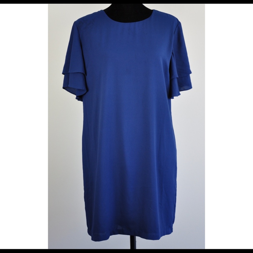 Naked Zebra Womens Sz L Shift Dress Navy Career Zipper Back Flutter Sleeve